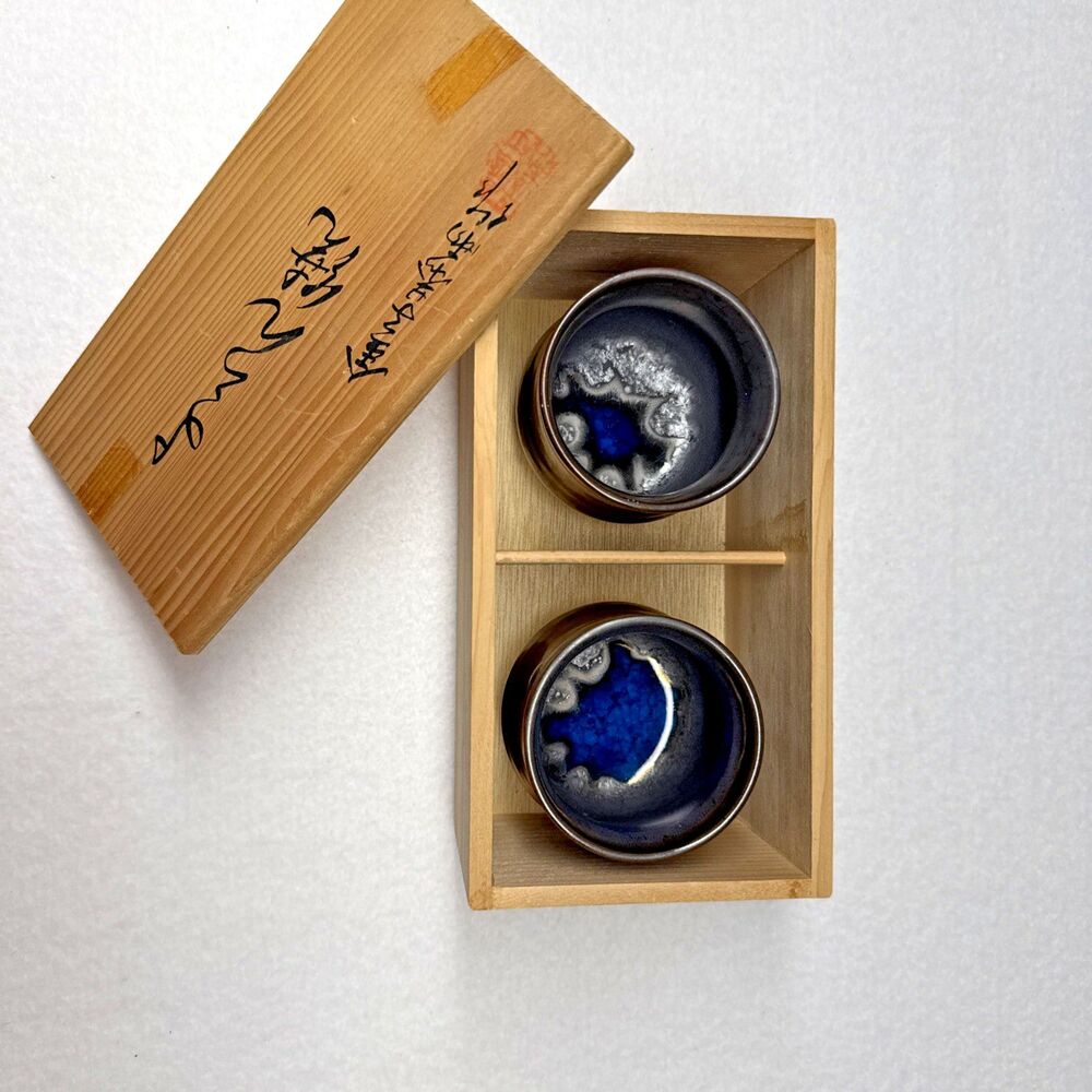 Japanese Sake Cup Set Blue Glaze Ceramic Ochoko Cups Wooden Box Set of 2